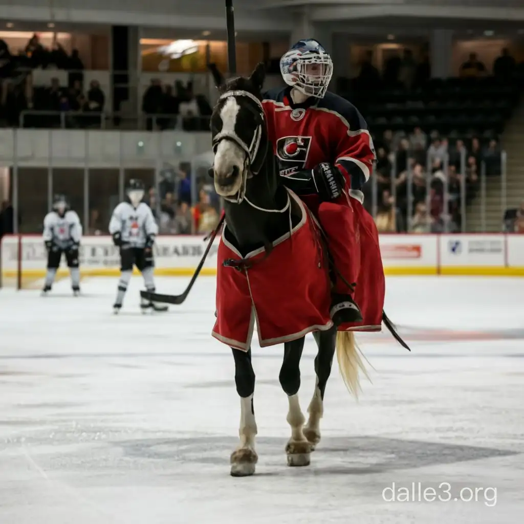 The photo was taken with a Canon EOS 5D Mark IV RF 24-70mm F2 camera.8L IS USM, on the ice hockey field cost (horse:1.5) with a hockey cape on his back, hockey players are standing in the background and looking at a horse, high definition photos, winner of the photography competition in 2020, photo published on 35AWARDS