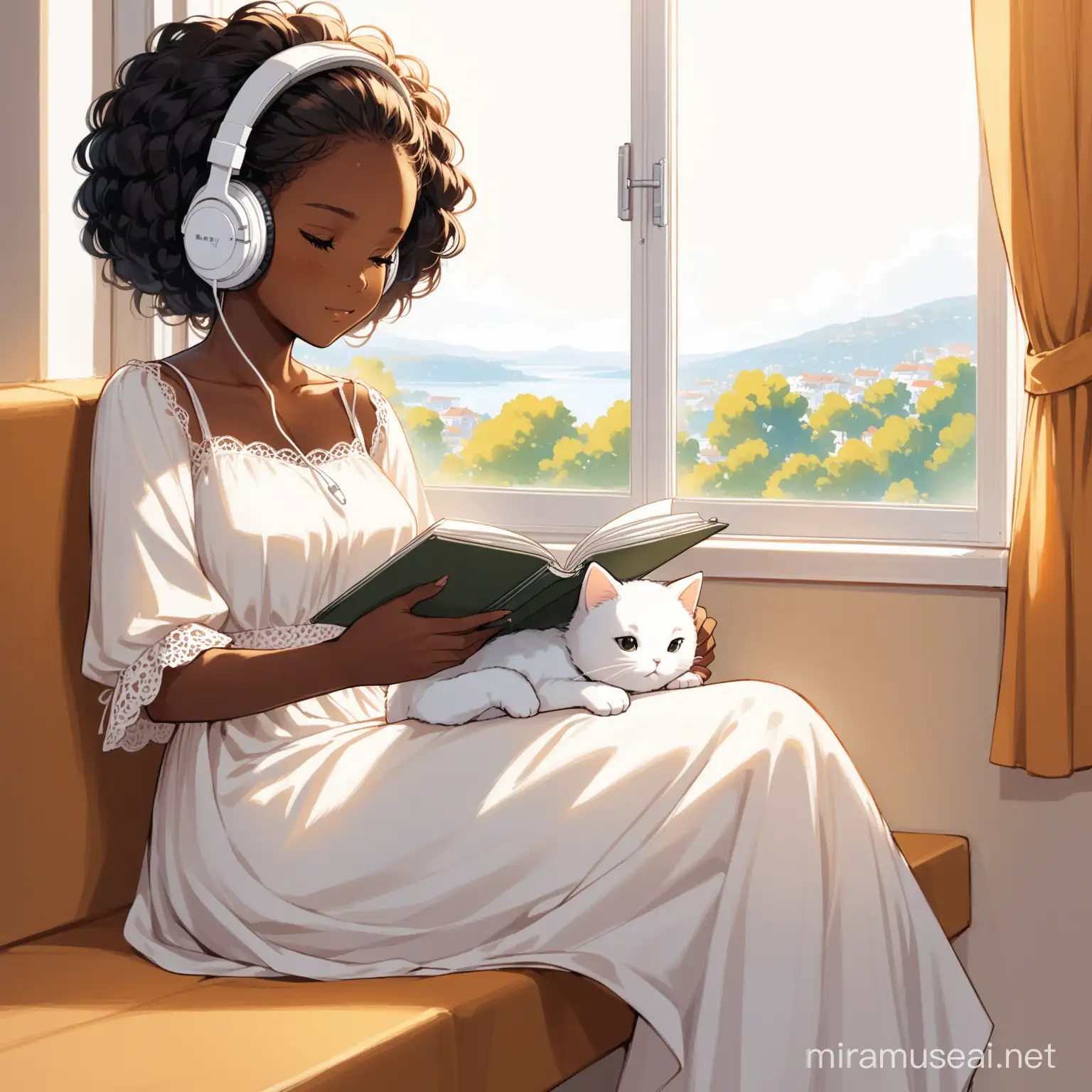 Black girl with a long flower dress on and headphones sitting on window seat while drawing in sketchbook  while relaxing with her fuffy white cat.