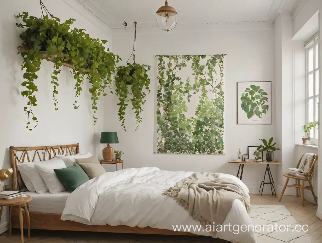 an aesthetically pleasing bright room with a large bed, vines and posters hanging on a white wall