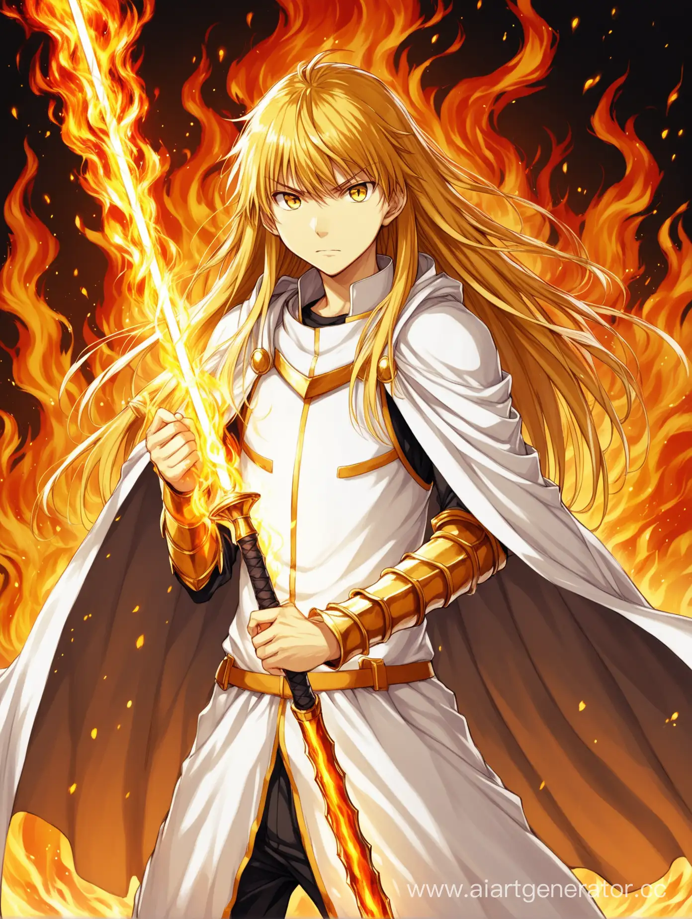 Toaru Majutsu no Index, Aiwass, young handsome teenage boy, with long golden hair, bright golden eyes, in fire costume holding sword and fire staff in both hands, blonde hair, weapon, solo, red eyes, armor, long hair, sword, white background, cape,, simple background
