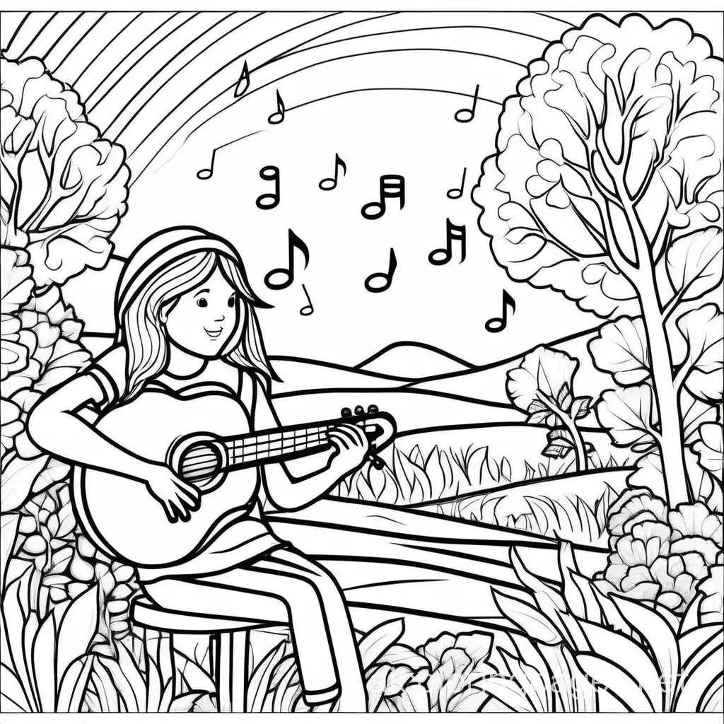 Music and Nature, Coloring Page, black and white, line art, white background, Simplicity, Ample White Space. The background of the coloring page is plain white to make it easy for young children to color within the lines. The outlines of all the subjects are easy to distinguish, making it simple for kids to color without too much difficulty