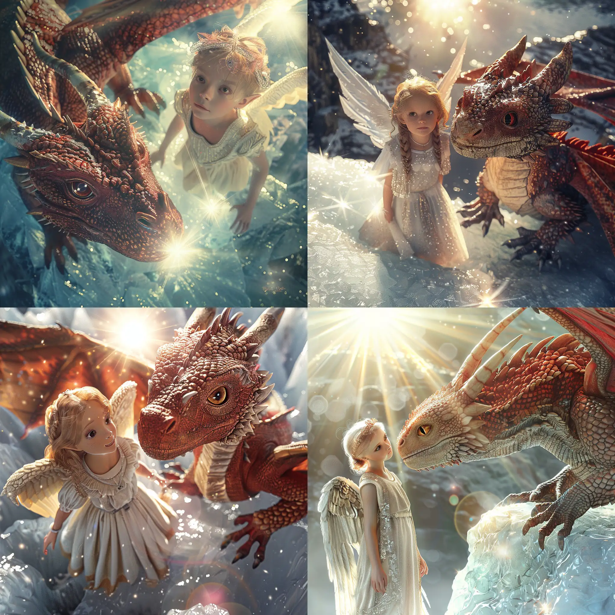 A highly detailed photographic image of a beautiful medieval angel and a large red dragon with brown eyes. They are standing on a glacier shining in the sunlight. Beautiful magical mysterious fantasy surreal highly detailed