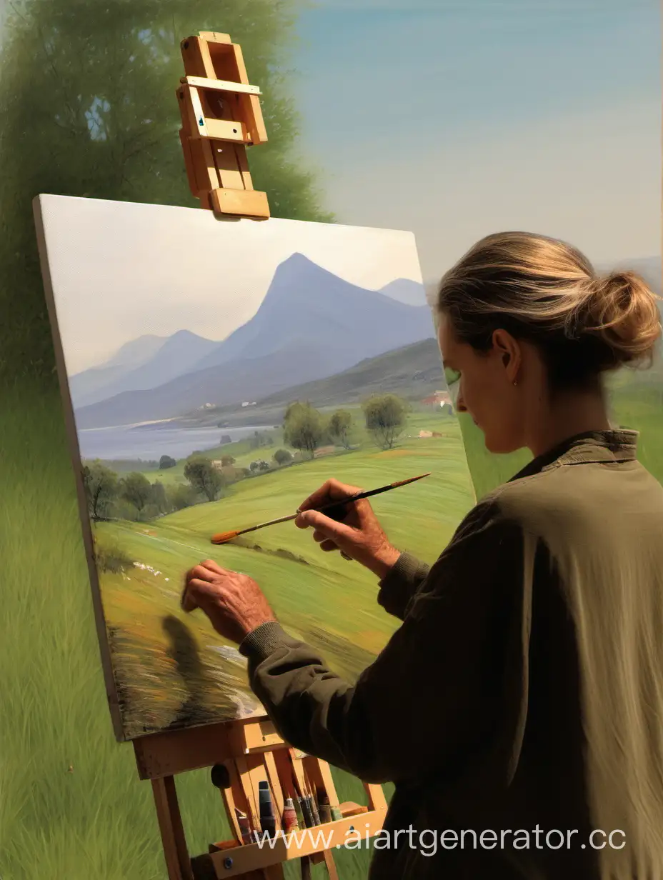 художница рисует пейзаж