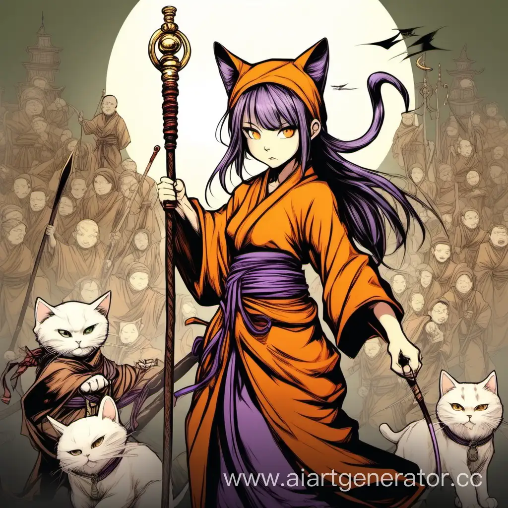 girl monk with cat ears and a cat tail, with a staff in hand during battle