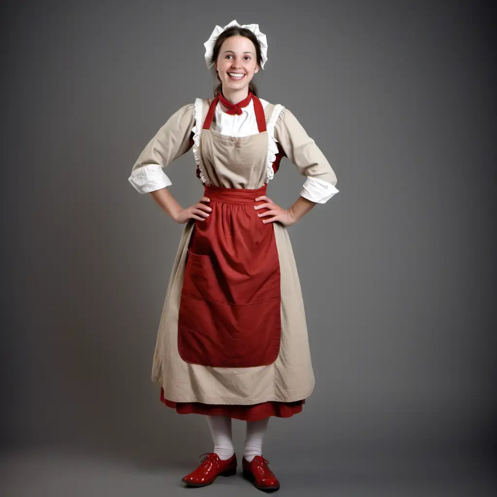 happy young woman in 1850 wearing beige and white costume, red apron, not so fancy, showing her entire body including shoes with grey clean backdrop
