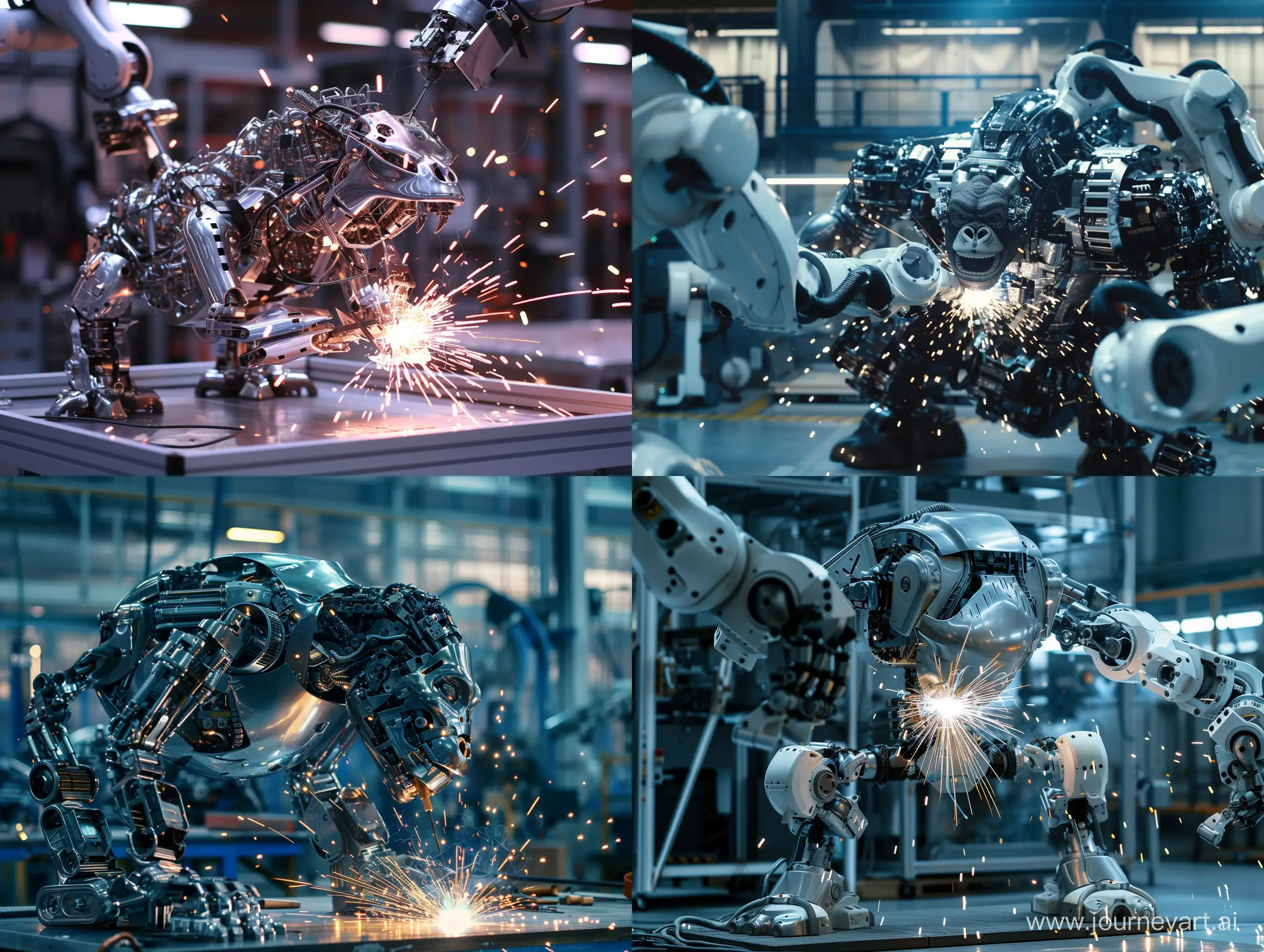 scene from a scifi movie. an industrial factory with robotic arms putting together a mecha king kong out of chrome and positronic parts. sparks from welding. combination of industrial and futuristic. --v 6 --ar 4:3 --no 77861