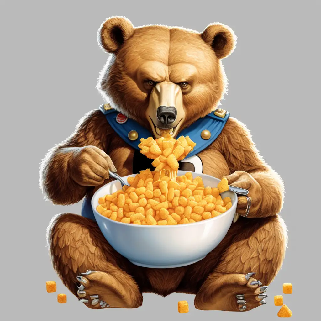 Bear Enjoying a Wholesome Breakfast with Captain Crunch and Cheese