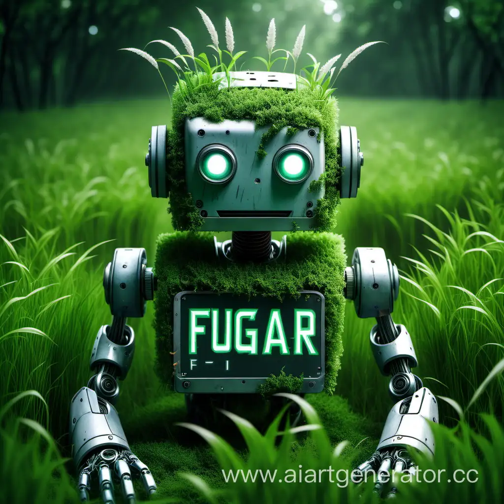 a robot overgrown with grass with FUGAR written on its head
