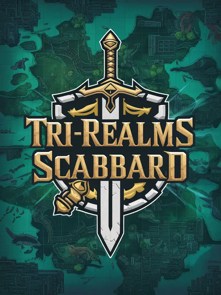 STYLIZED SWORD AND SHIELD RETRO VIDEO GAME LOGO COVER ART WITH THE LETTERS "TRI-REALMS SCABBARD" ACROSS FANTASY MAP GAME COVER ART SLIGHTLY ZELDA ART STYLE