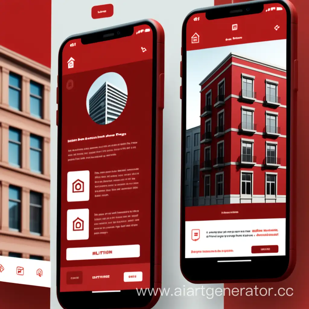 мобильная страница приложения   в красном цвете, на странице многоэтажный дом и 4 ссылки для переходна на другие страницы 