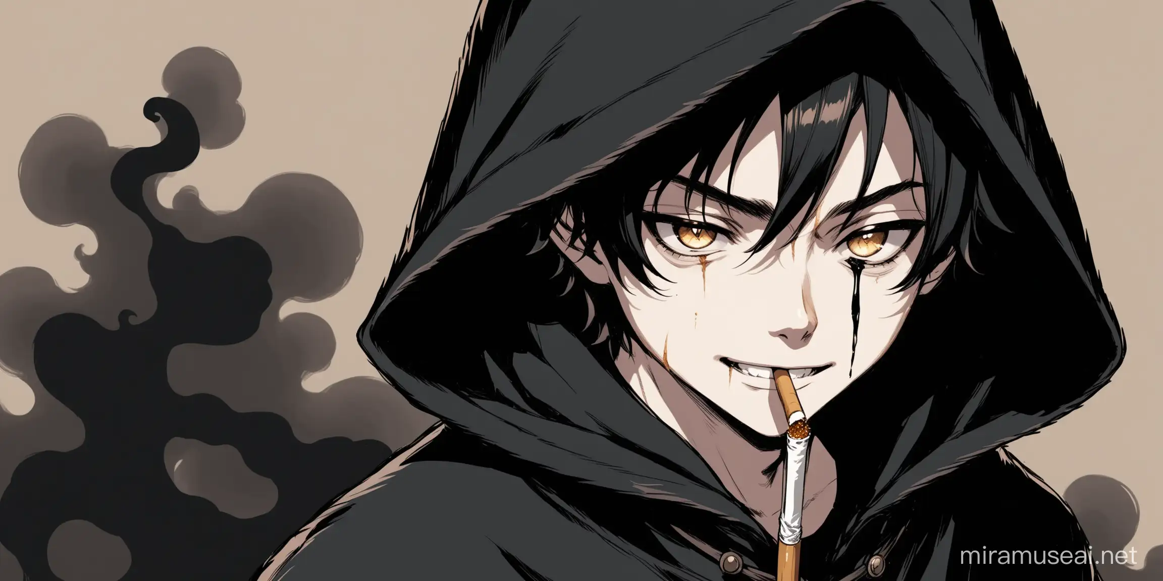 young boy, pale skin and black hair, deep eyes, wears a black cloak similar to a coat with a hood, he has a cigarette in his mouth and a scar in his eye, he has brown eyes of honey, the face has a sarcastic smile, in one hand he has a sword made of black smoke