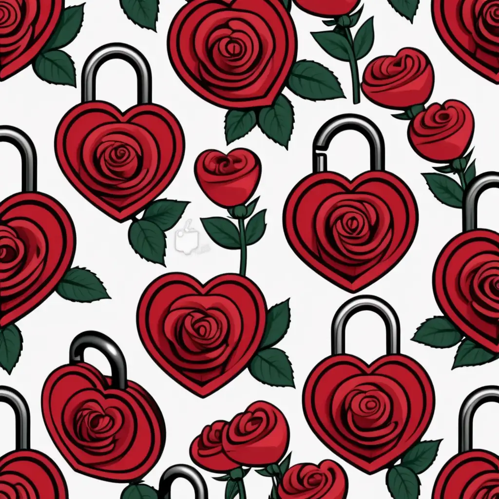 Romantic Red Rose and Heart Lock Cartoon Illustration