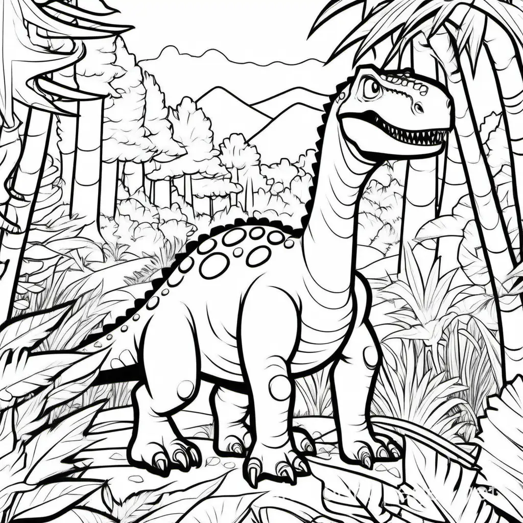 Dinosaur-Coloring-Page-Simple-Line-Art-in-Forest-Setting