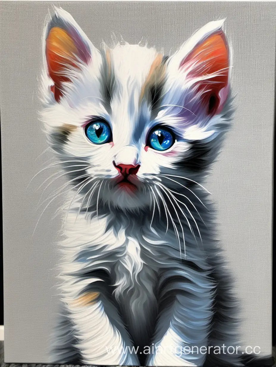 Котенок с разноцветными глазами нарисованный акрилом на холсте

