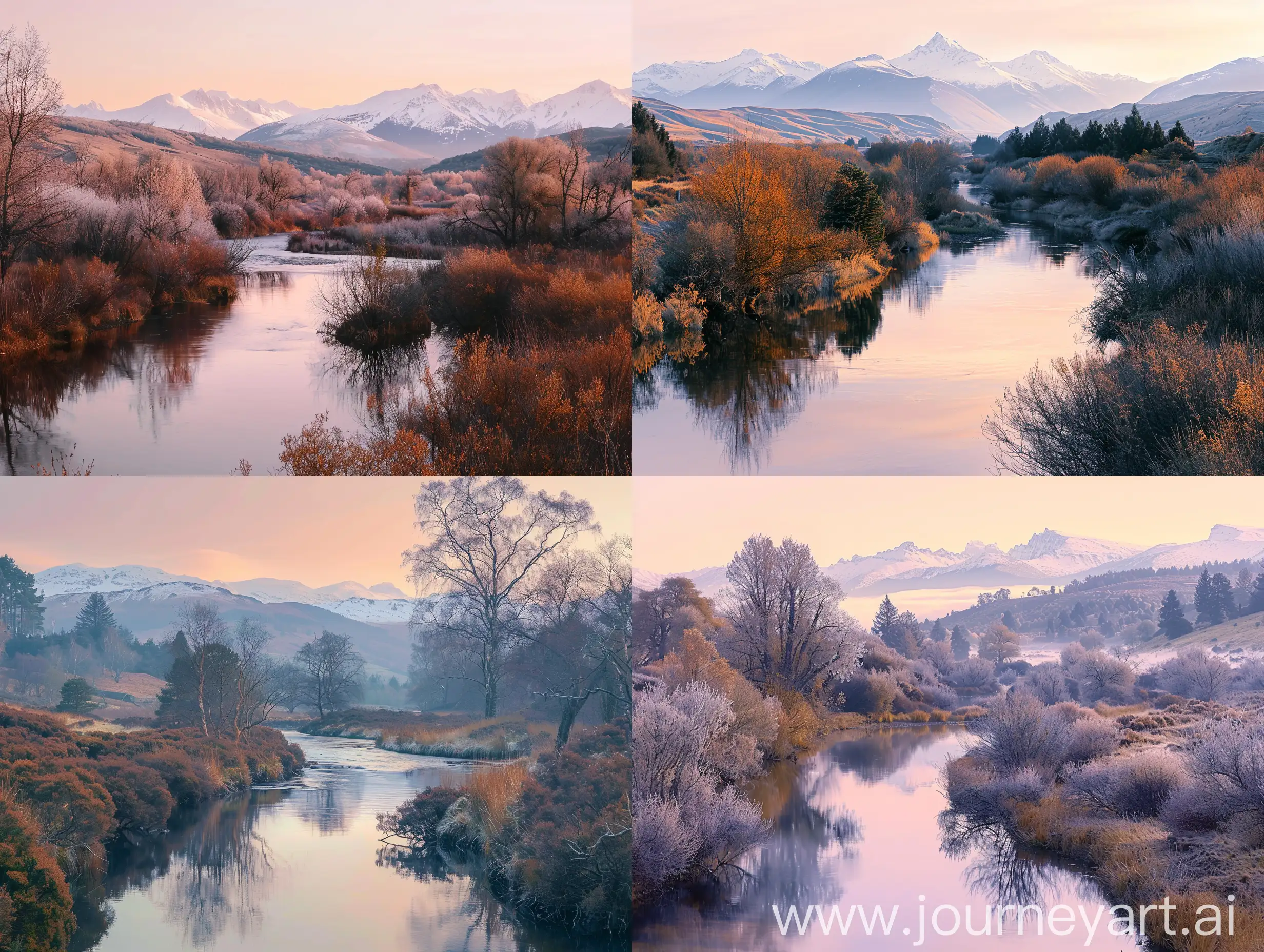 Tranquil-Sunrise-in-a-Highland-River-Valley-with-Snowy-Peaks