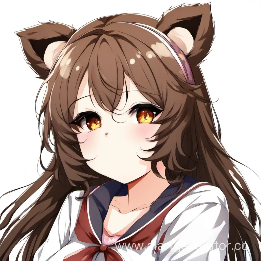 Anime neko-girl bear ears. She is short and curvy. She has long chocolate-brown hair. She looks calm and friendly.