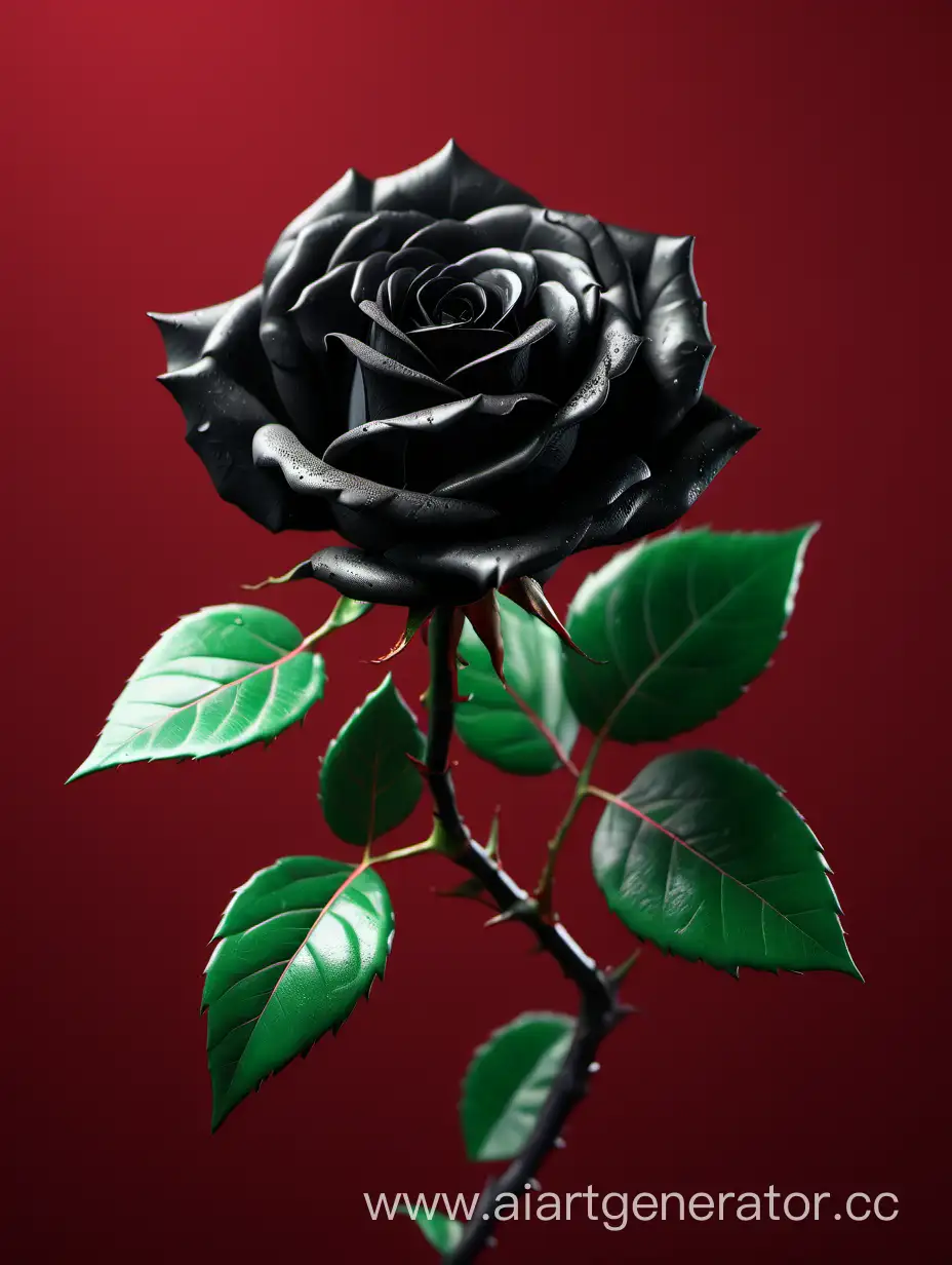 black Rose 8k hd with fresh lush green leaves on red background