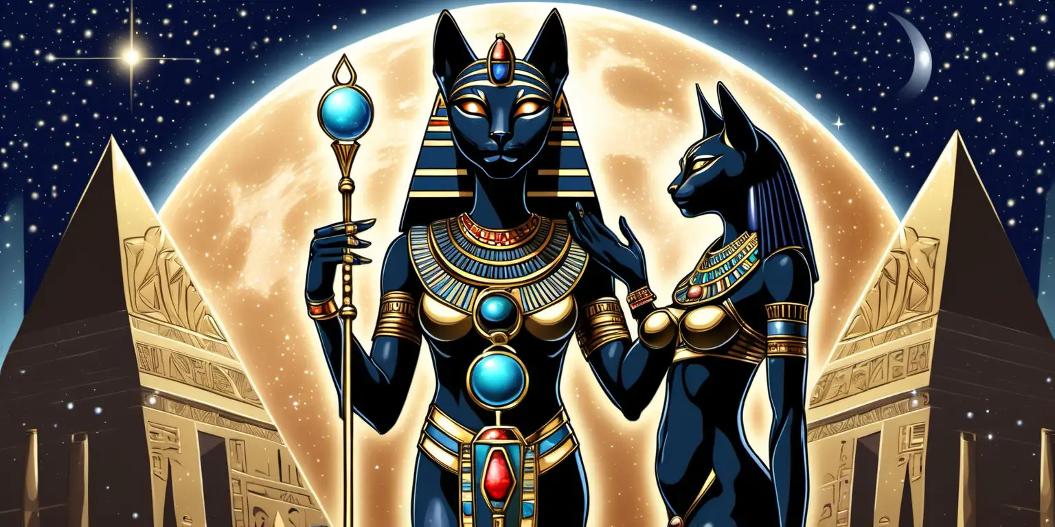 bastet egyptian goddess  she is holding planet earth in her hands, anubis egyptian god standing with a crystal studded wand on a moonlit night