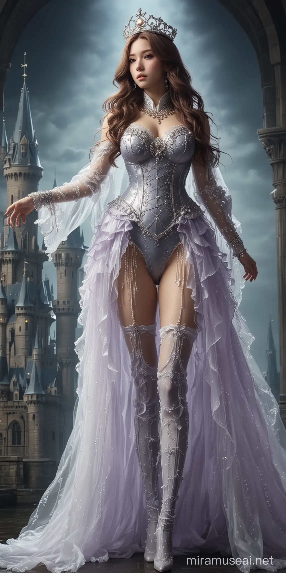 Realistic Beautiful Idol Girl with Jellyfish Element in Sexy Archbishop Costume against Detailed Castle Background