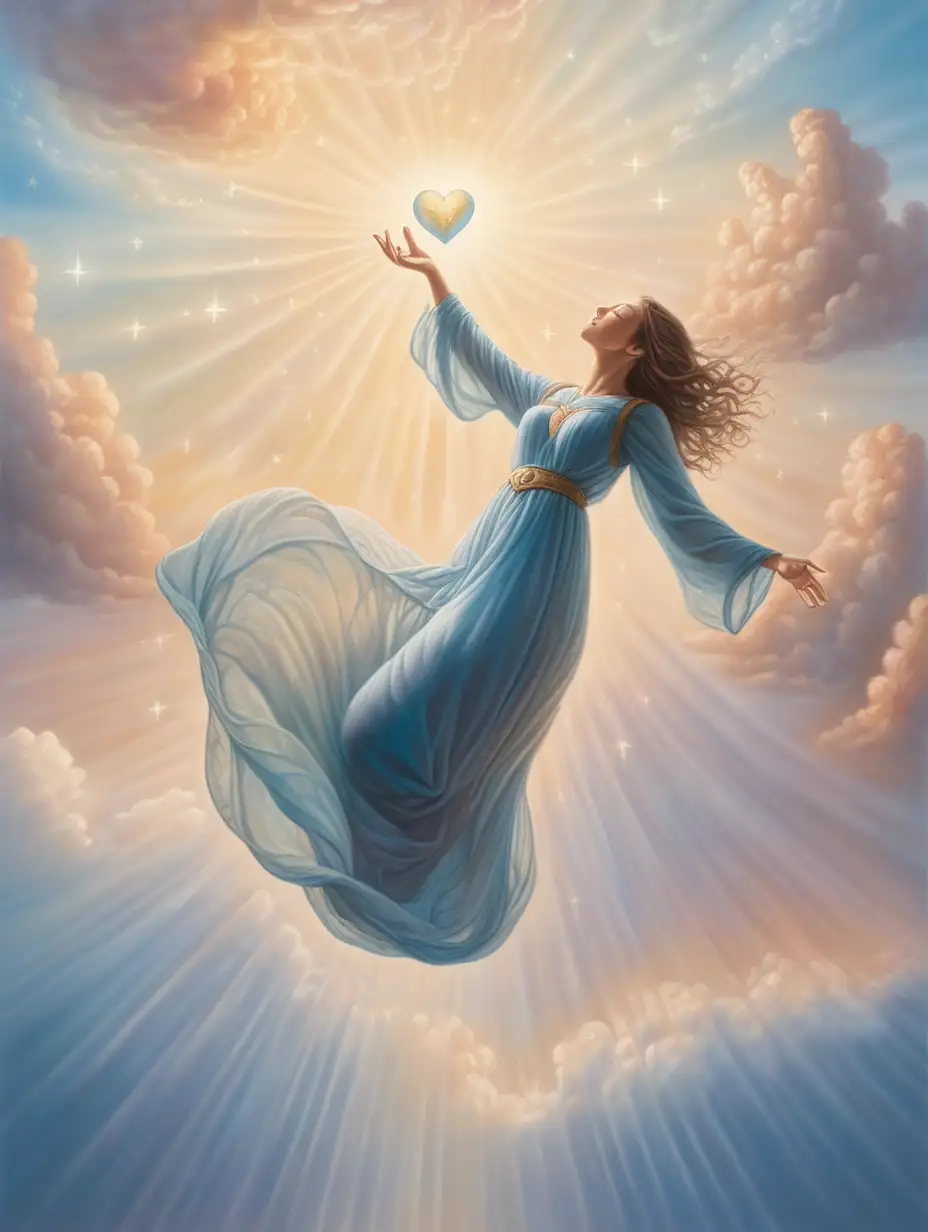 Spirituality. Acceptance**: Embracing things as they are, without resistance or judgment. a woman floating in the sky and all light entering in her heart 
