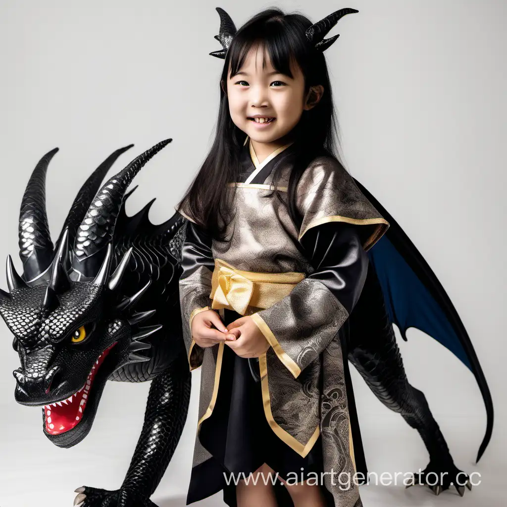 Пятилетняя черноволосая девочка-азиатка в костюме чёрного дракона