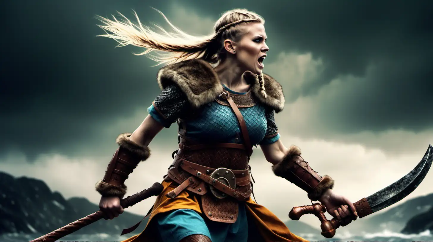 Fierce Female Viking Warrior with Sword and Shield in Mythical Battle