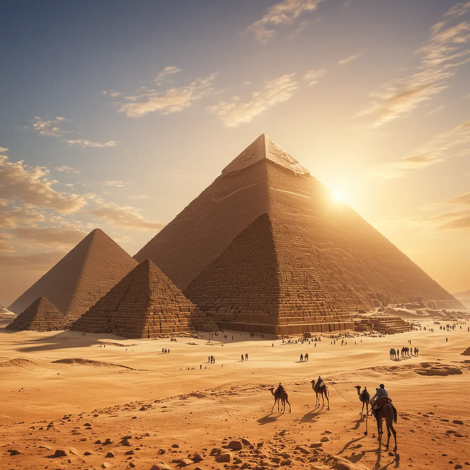 Great Pyramid of Giza in Giza, Egypt, Clear blue skies, Clear view of Pyramid, No crowds, No modern buildings, Warm and golden lighting, Digital illustration, Realistic with a touch of fantasy, Highly detailed and sharp focus, Ancient and majestic, Mysterious and awe-inspiring, Artstation