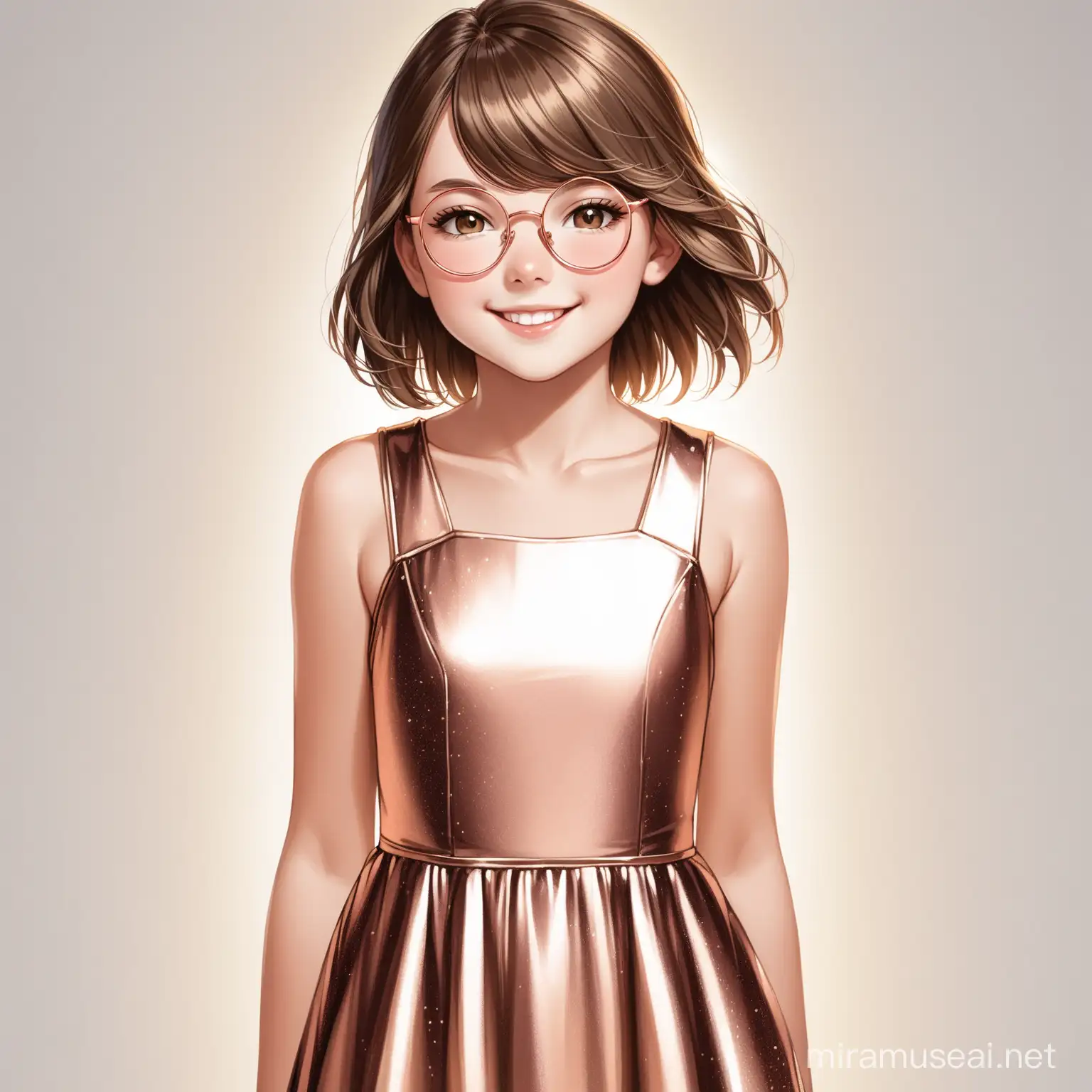 12 year old girl with short brown hair, rose gold glasses, brown eyes, smiling, wearing taylor swift reputation dress