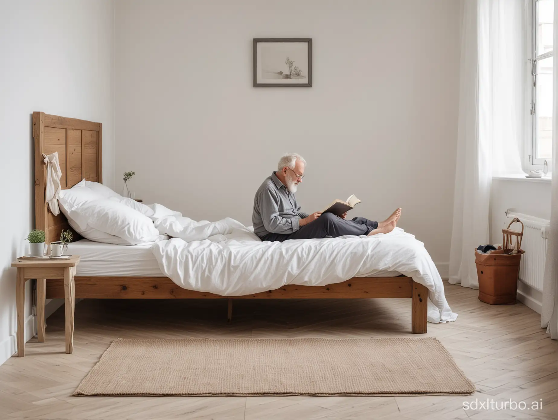 Side view, in a bright North European bedroom, a little higher bed, an old man lying on the bed reading, revealing the bed and the floor