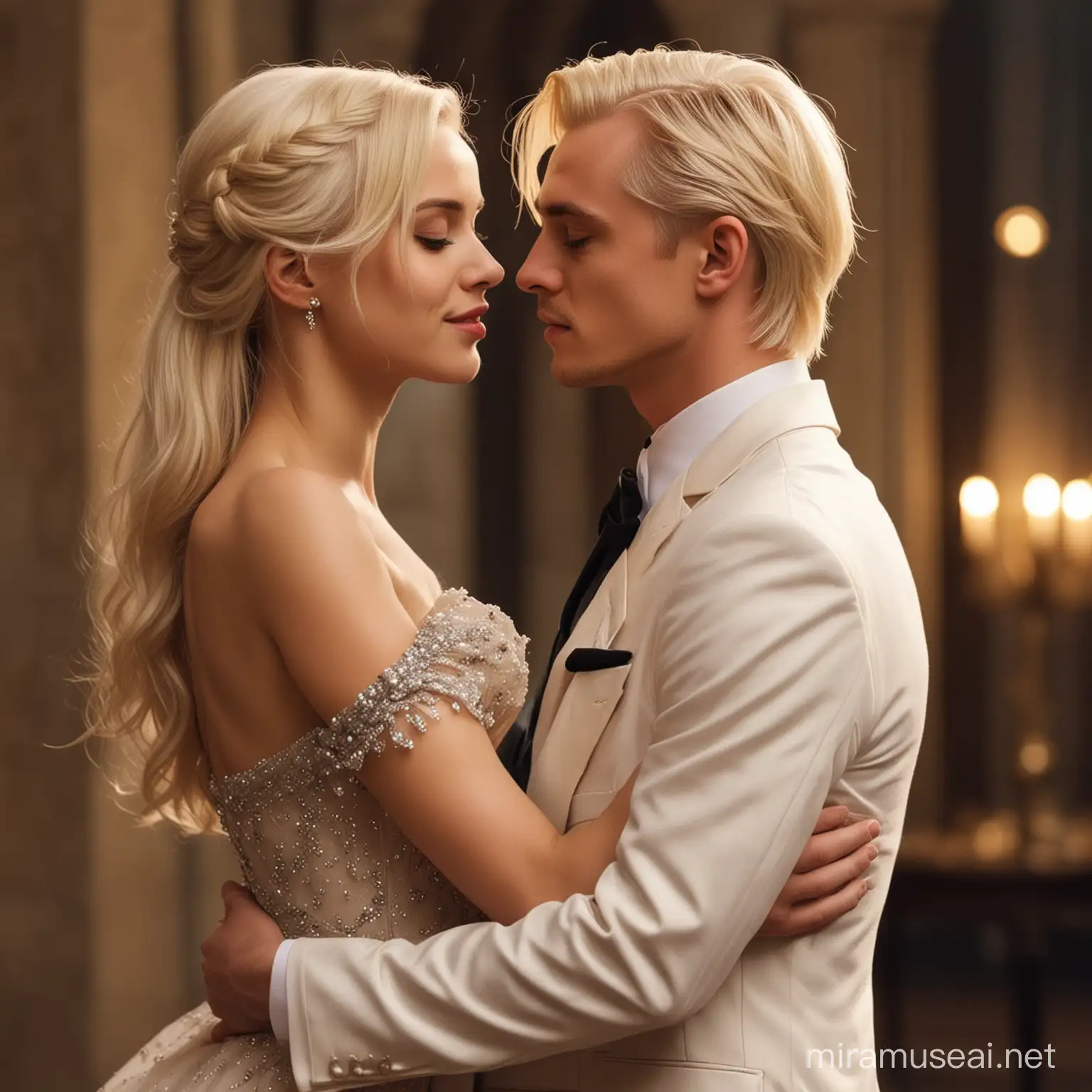 Elegant Draco Malfoy Embraces Stunning Blonde Girl in Evening Attire