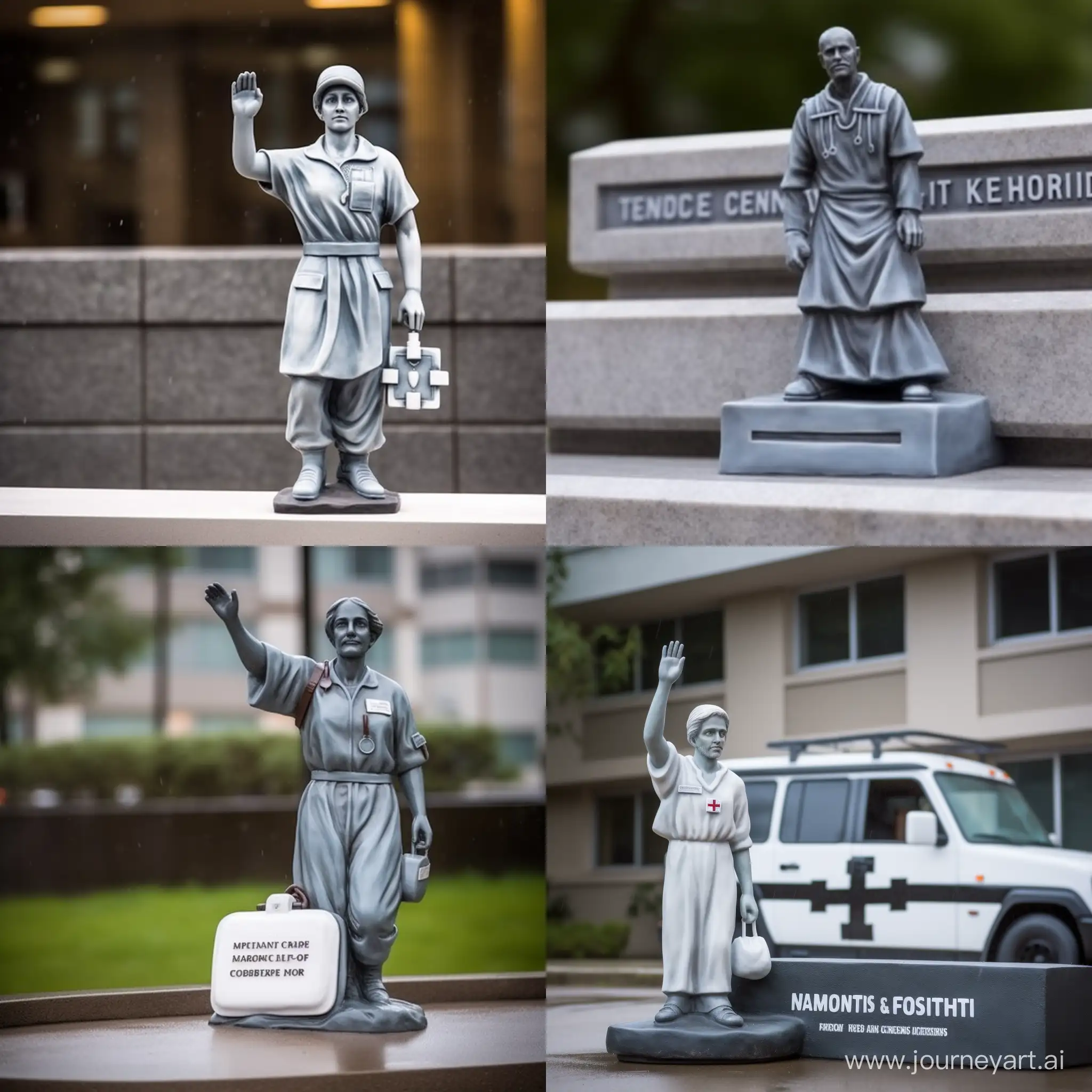 a statue of an Emergency ambulance rescue man with a first aid kit on his hand in front of a hospital. With the white uniform of the relief group. the statue is made of white marble. on a black stone stand. rainy day. long shot