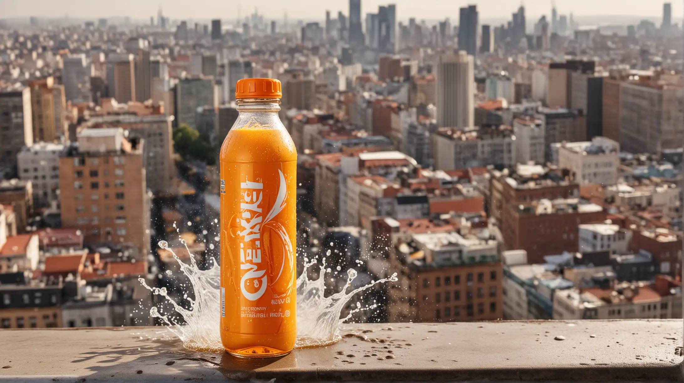 orange energy drink bottle, rectangular container with a lot of big splash, city behind