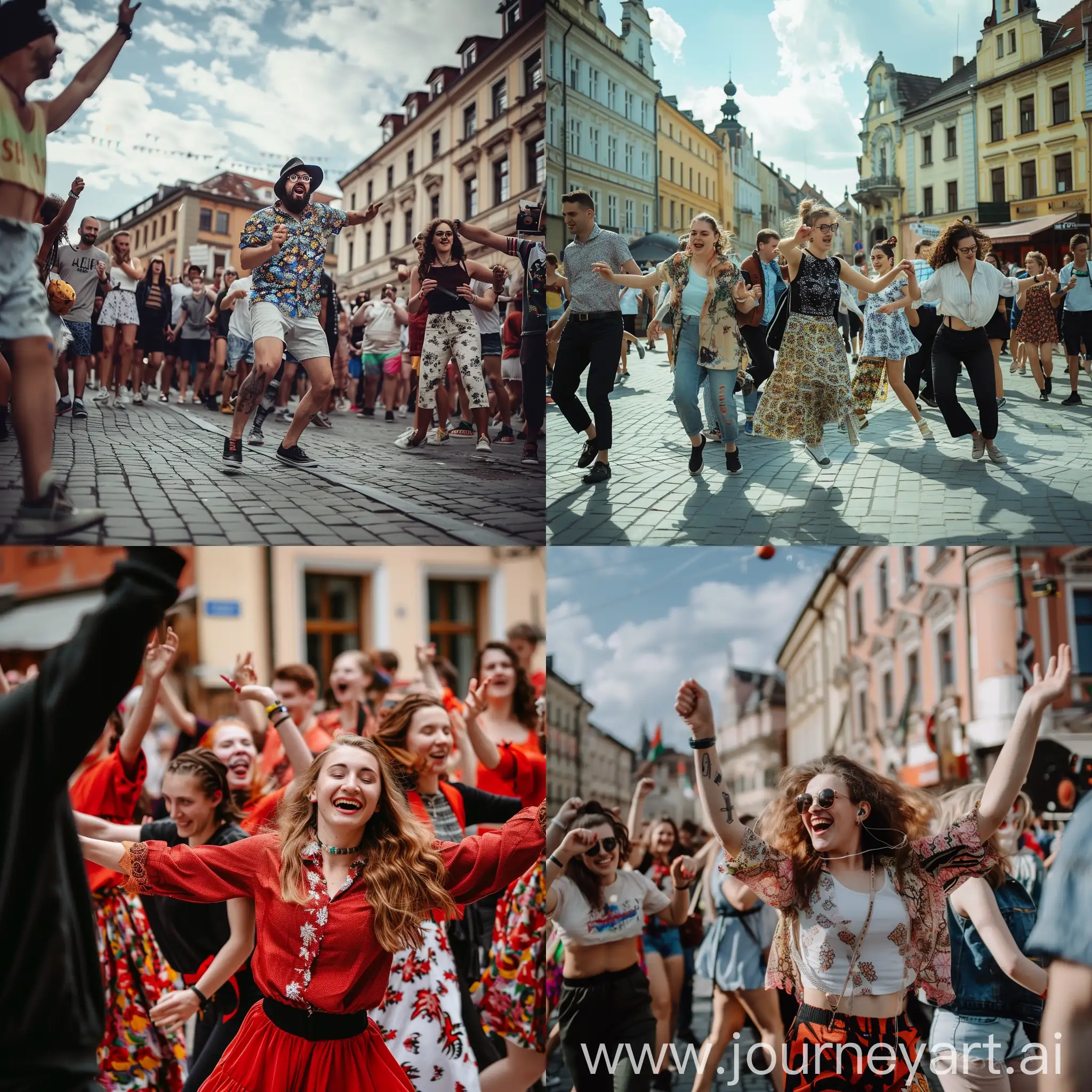 Bunch of local people dancing on the streets of Łódź