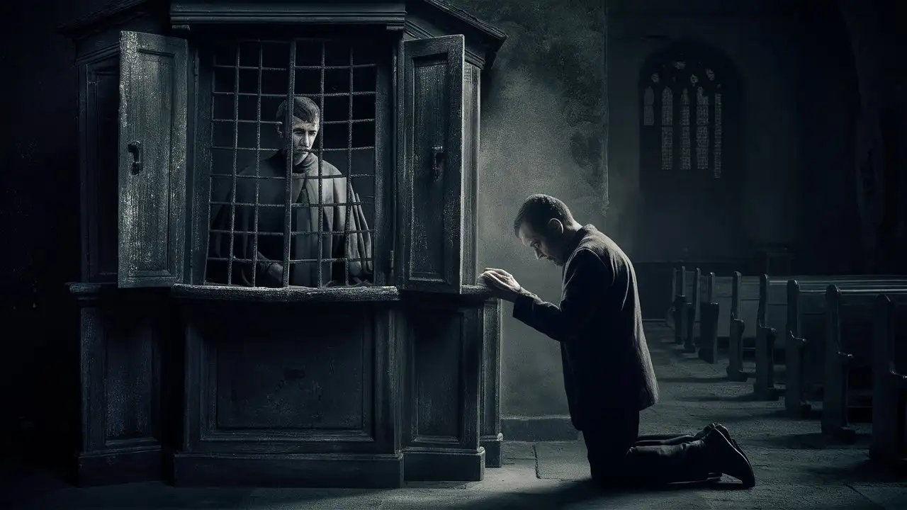 The interior of an old, mysterious church with a confessional located in the center creates an atmosphere taken from true crime.  Behind the confessional grate you can see the figure of a priest dressed in a traditional black cassock, and another figure of a man kneeling at the confessional. The scene focuses on how the person at the confessional, surrounded by the dark and historical character of the church, makes his confession.  The background with church pews adds depth and anxiety to the composition, enhancing the mysterious mood.