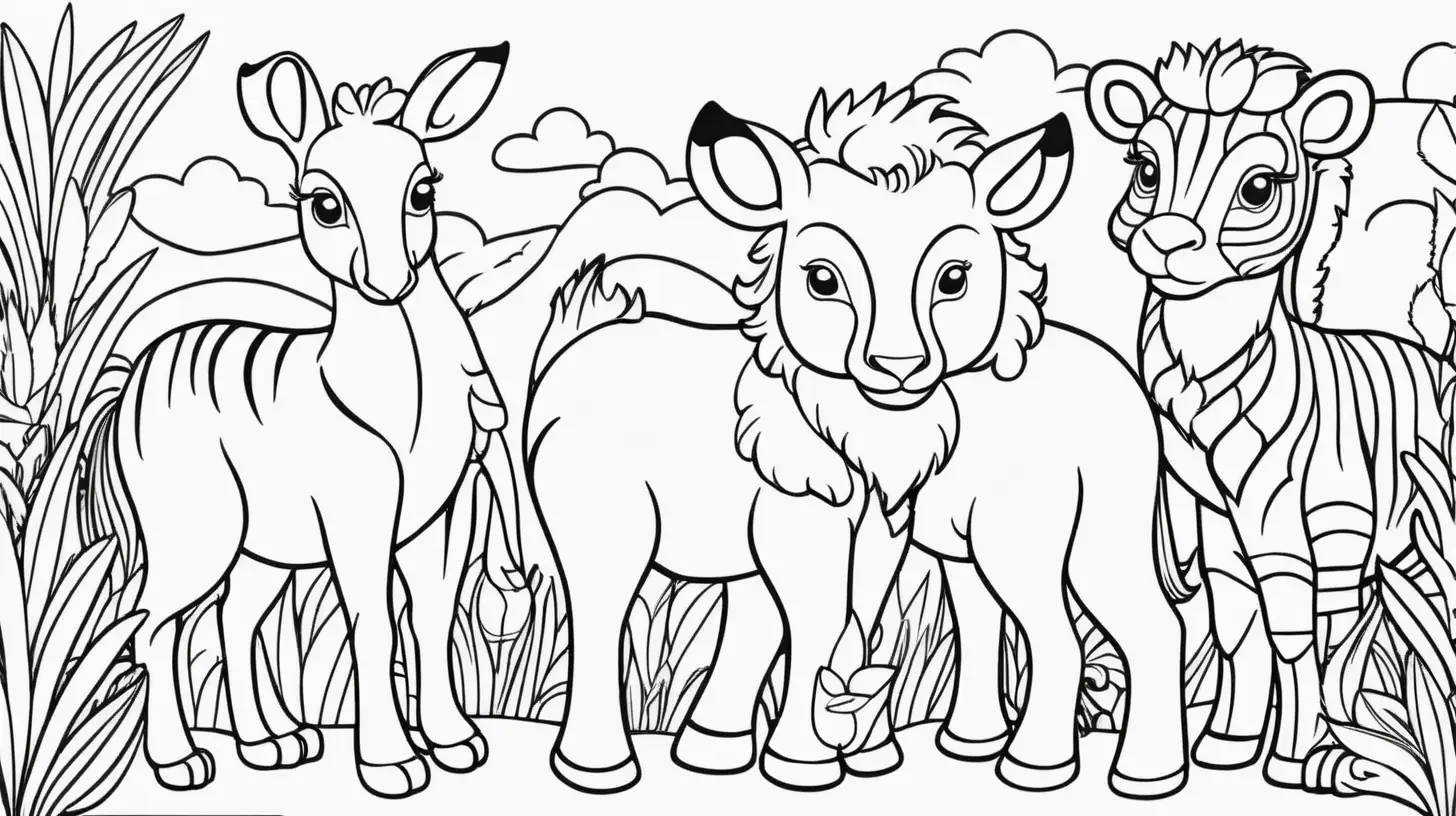 black and white drawing of animals, outlined art bold, coloring book page for kids, simple classic cartoon style, 2D v4 q2