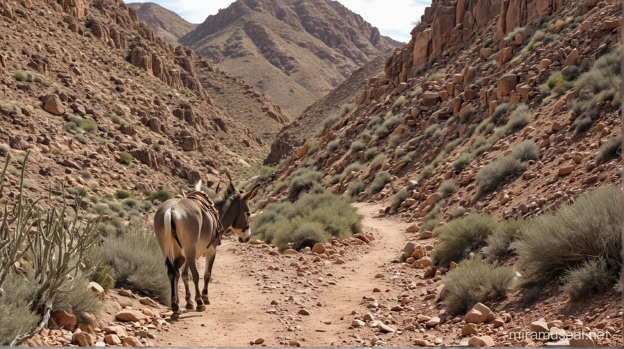 a donkey in the foreground, walking up a desert mountain trail