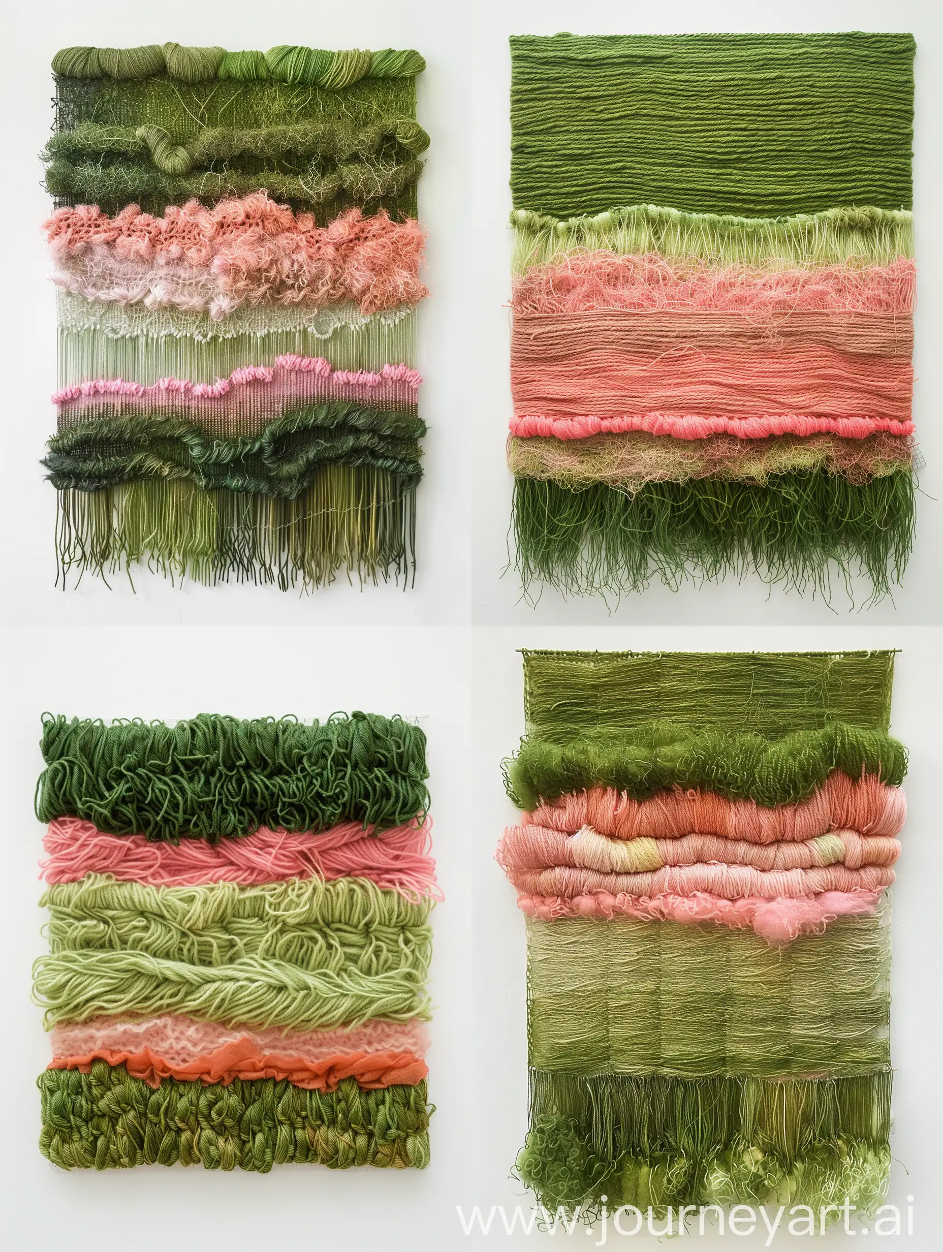 decorative wall piece made basically of cotton threads. The first layer of yarn is moss green, the second layer is a mix of pink and light green yarns and the third layer is salmon colored.