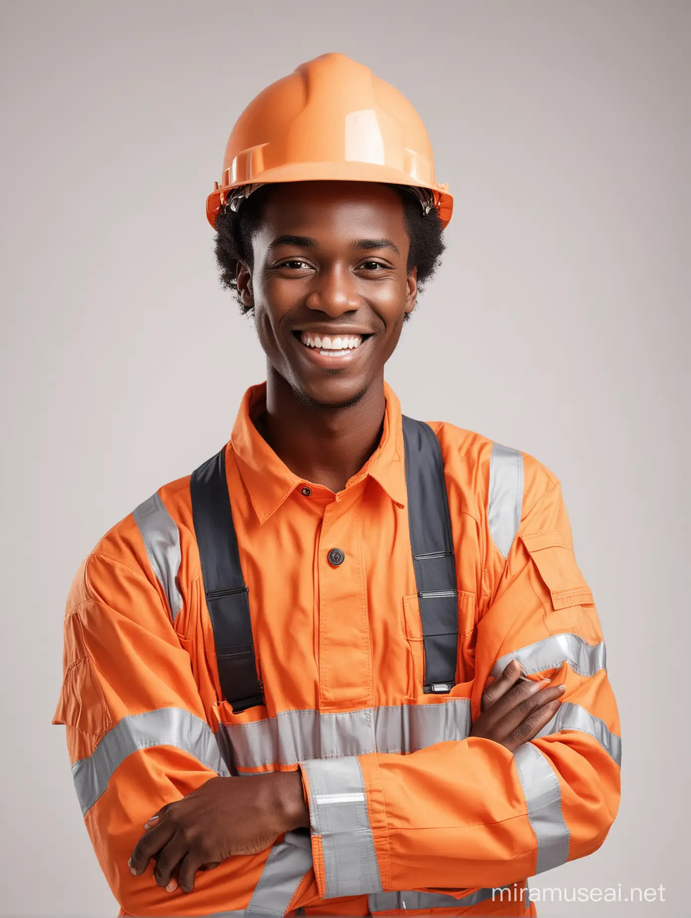 Un jeune africain, agent de terrain en réseaux et télécommunication, en tenue de dépannage orange + casque de chantier, sur fond blanc, tout souriant, plan complet.