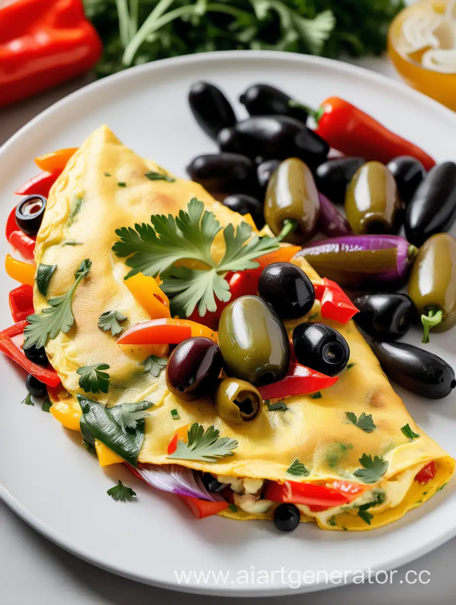 Средиземноморский омлет, с луком, сладким перцем и оливками. Лежит на тарелке, украшенной свежей зеленью петрушки