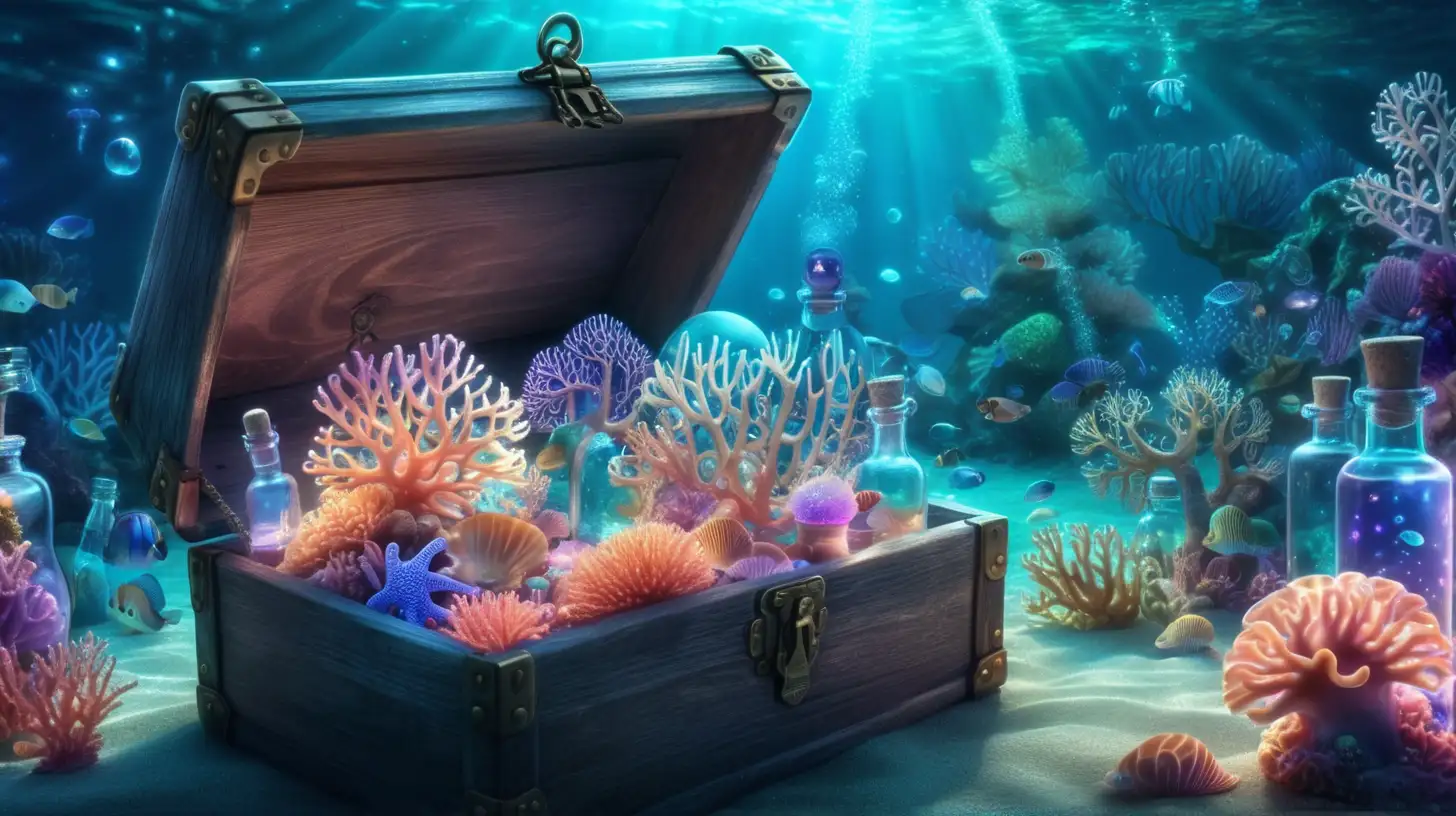 Enchanting Underwater Scene with Glowing Keys and Iridescent Mollusks in Bottles