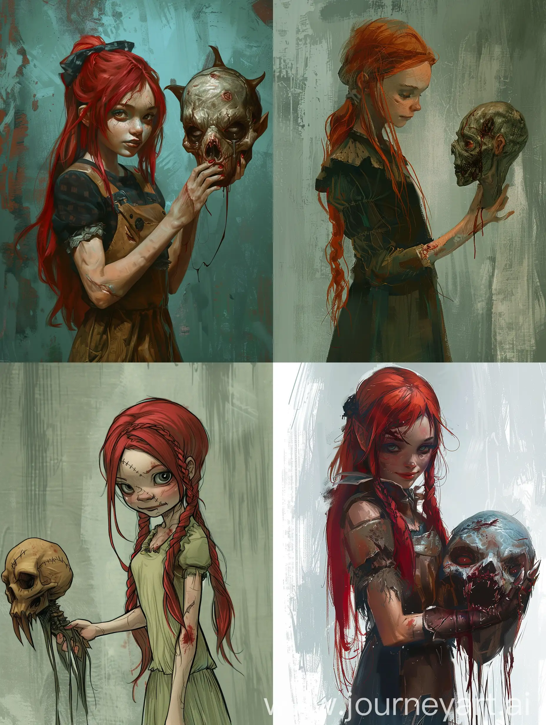 red-haired girl holding a ghoul's head at arm's length
