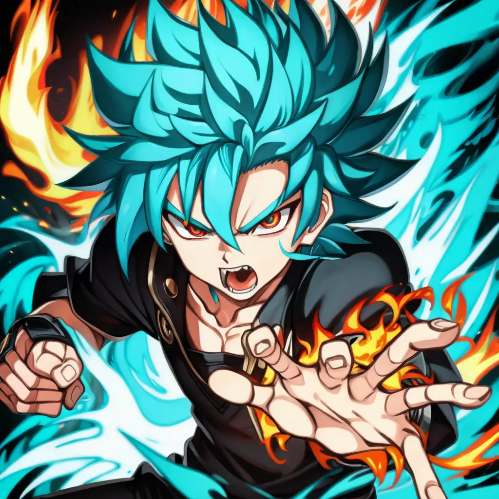 anime boy, young, wild expression, sharp eyes, intimidating, intense, wild hair, vicious, full body, claws, fire, cyan theme, claw attack, dynamic movement, high energy