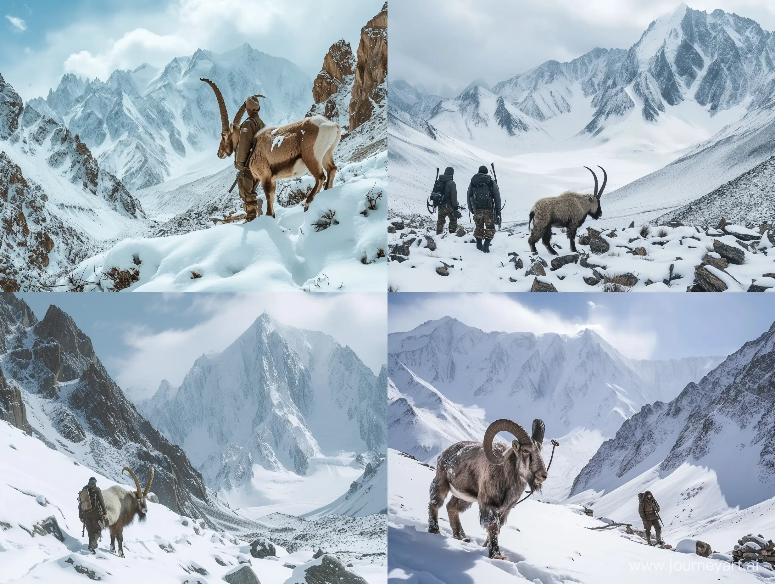 Hunting in the Pamirs, snowy mountains, Pamir ibex, hunters, 8k realistic