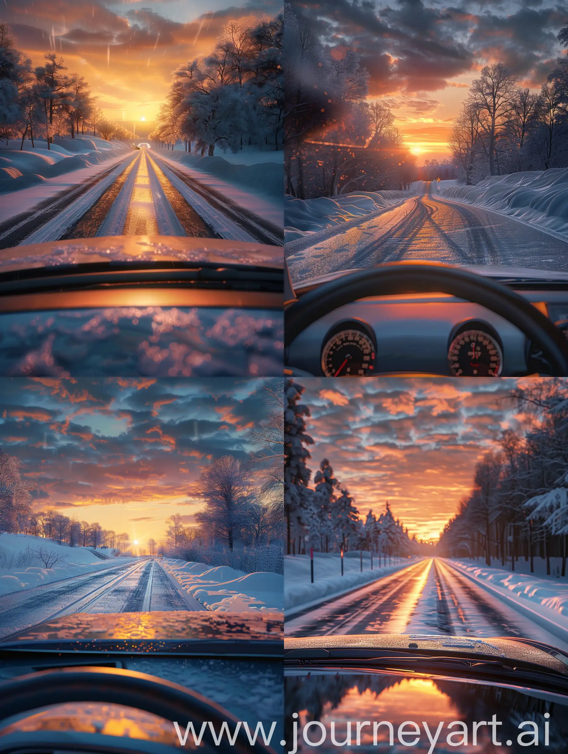 sunset on the winter road seeing through front window of the car, Extreme Detail CG Unity 8K wallpaper, masterpiece, highest quality, exquisite lighting and shadow, highly dramatic picture, cinematic lens effect, delicate facial features, excellent detail, outstanding lighting, wide angle, (excellent rendering, enough to be proud of its kind, photorealistic image