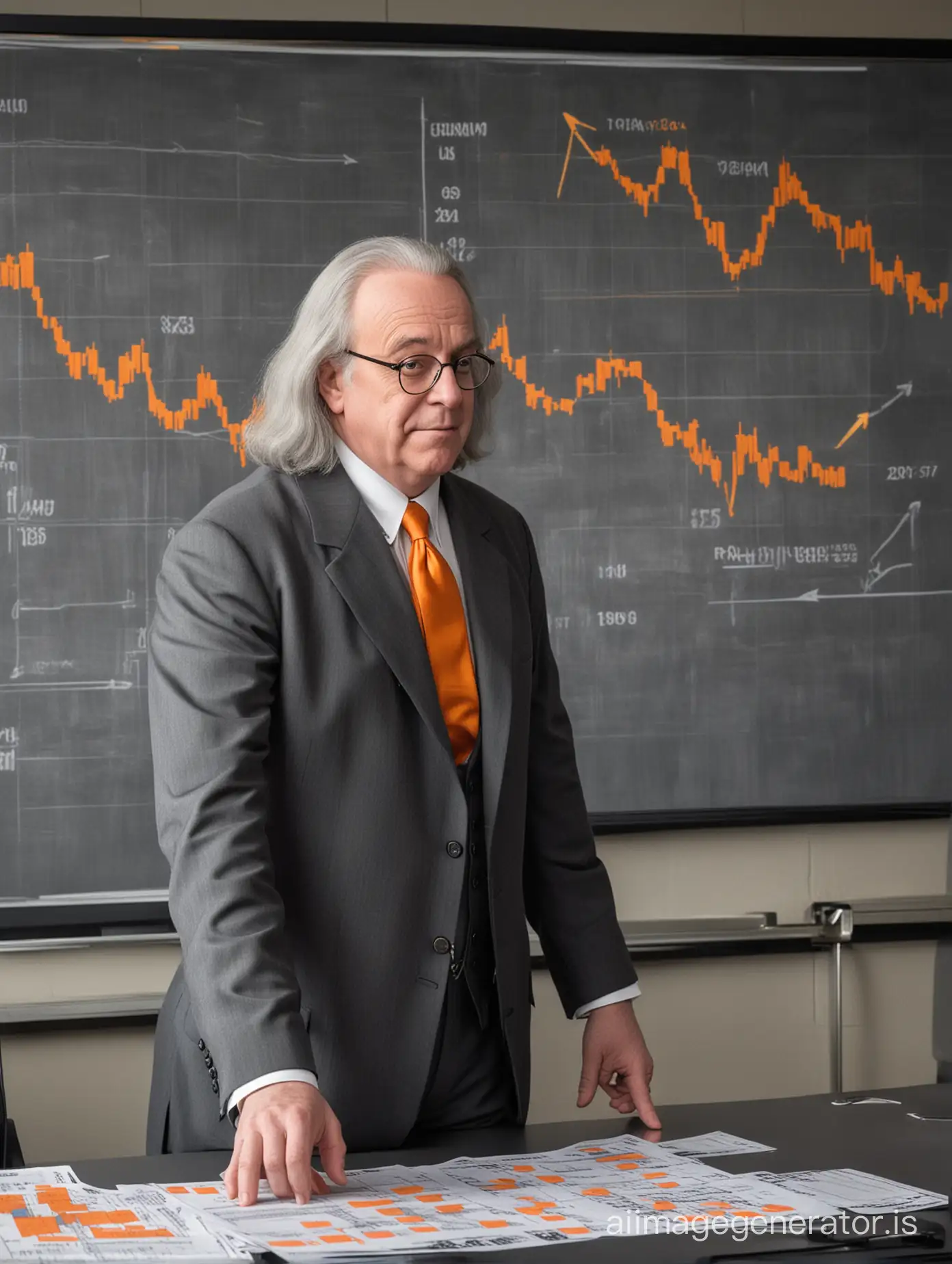 Ben Franklin, distant perspective, shoulder length gray hair, glasses, dark gray business suit, orange tie, modern conference room with other people, pointing to orange and gray chart graph with an arrow pointing up to money sign
