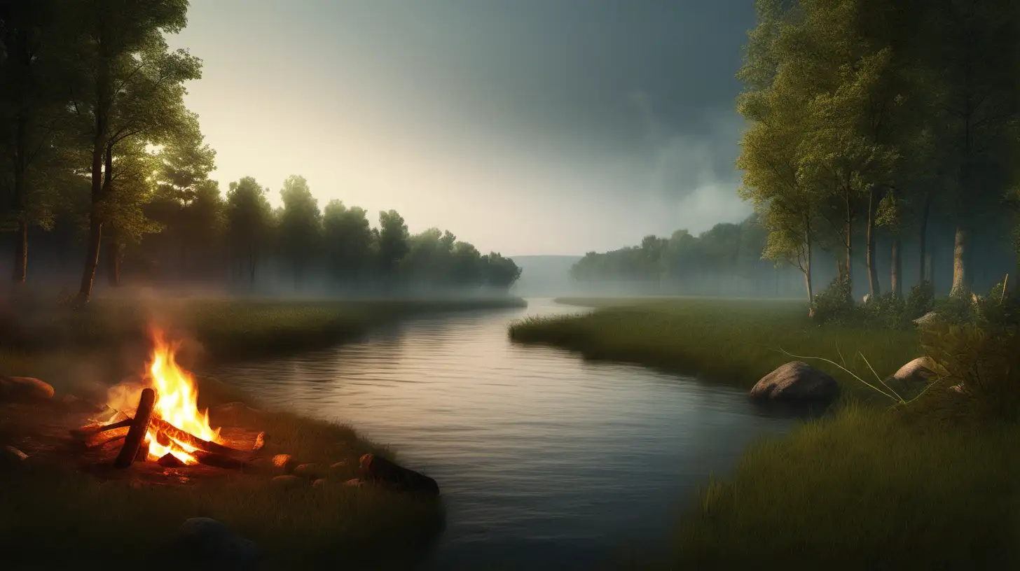 a wide river, trees, grass. far away a smoldering campfire with cooking potatos