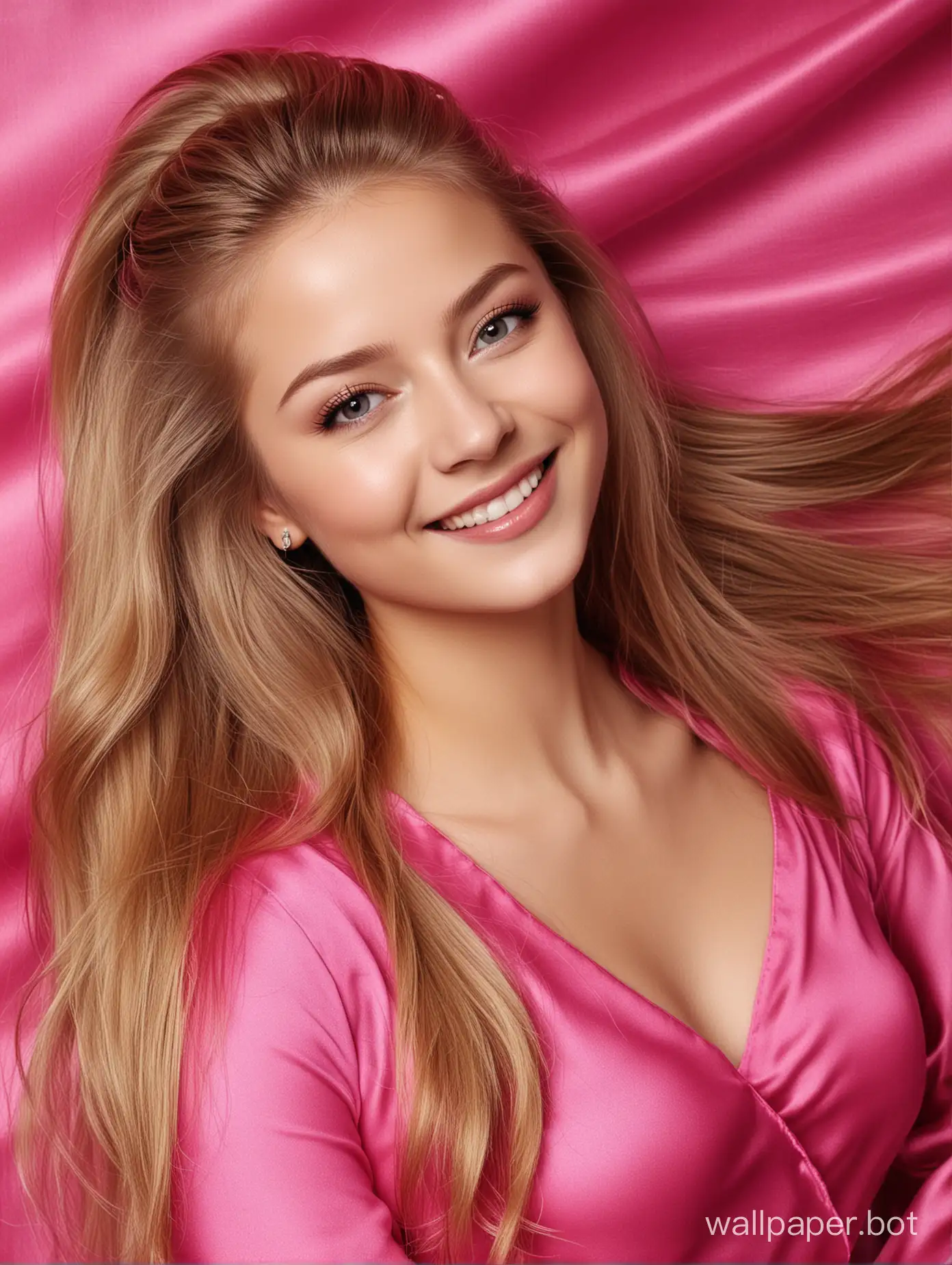 Sweet Yulia Lipnitskaya smiles with long straight silky hair in long Beautiful, gentle, Luxurious glamour natural hot pink fuchsia mulberry silk fabric