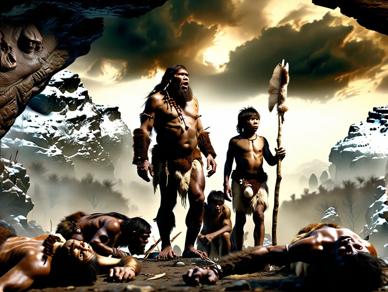 Photographically realistic, high definition,  10000 b.c. - ten thousand years ago, tribes people (homosapiens) encounter Neanderthals
