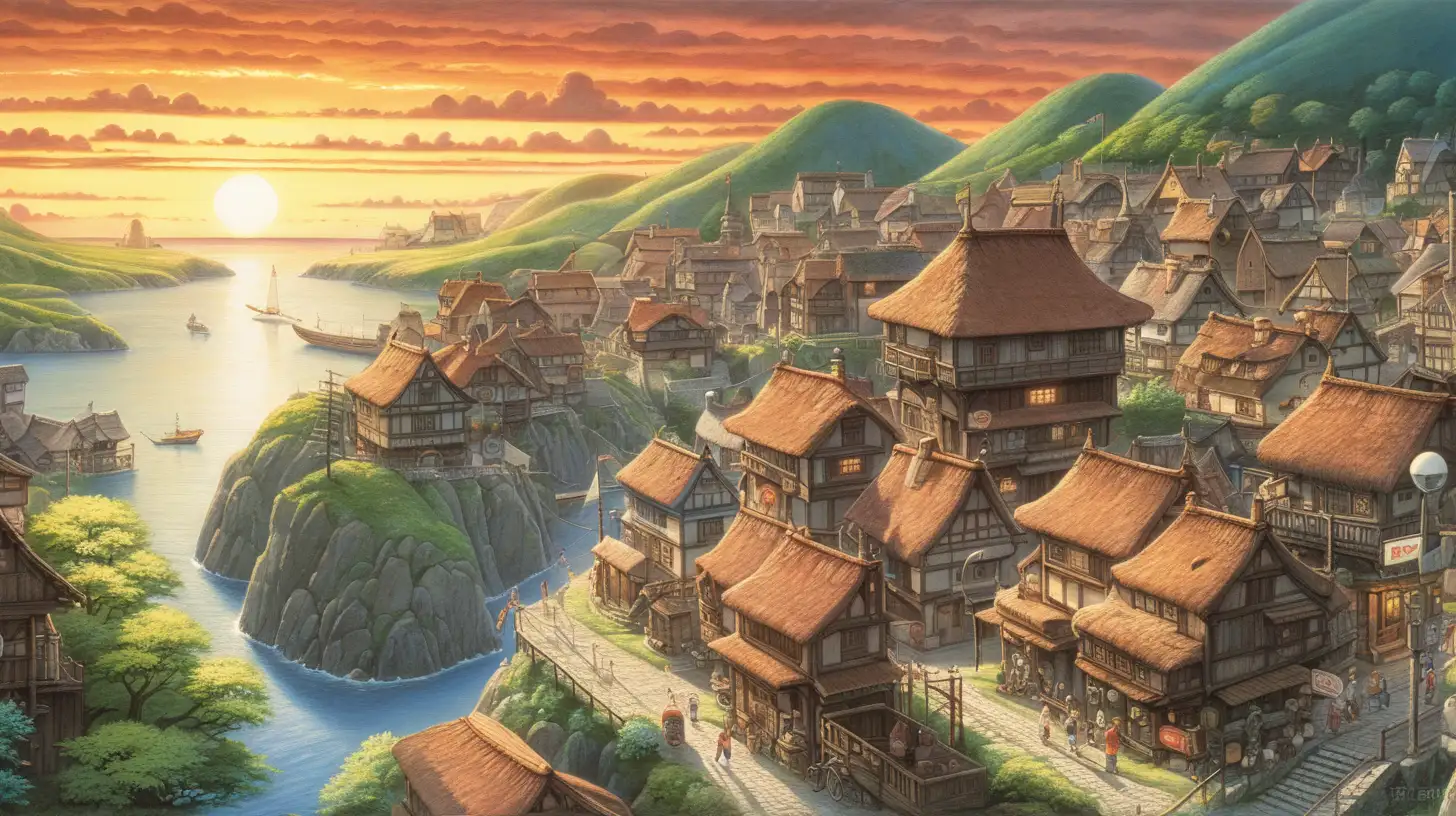 Fantasy Town Sunset GhibliInspired Peaceful Illustration