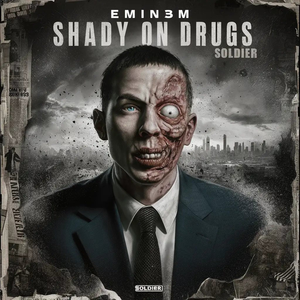 A COVER ART FOR A SONG CALLED (SHADY ON DRUGS) WITH A PICTURE SHOWING A SYMBOL OF EMINEM AS SLIM SHADY ON DRUGS , ARTIST NAME ( SOLDIER)